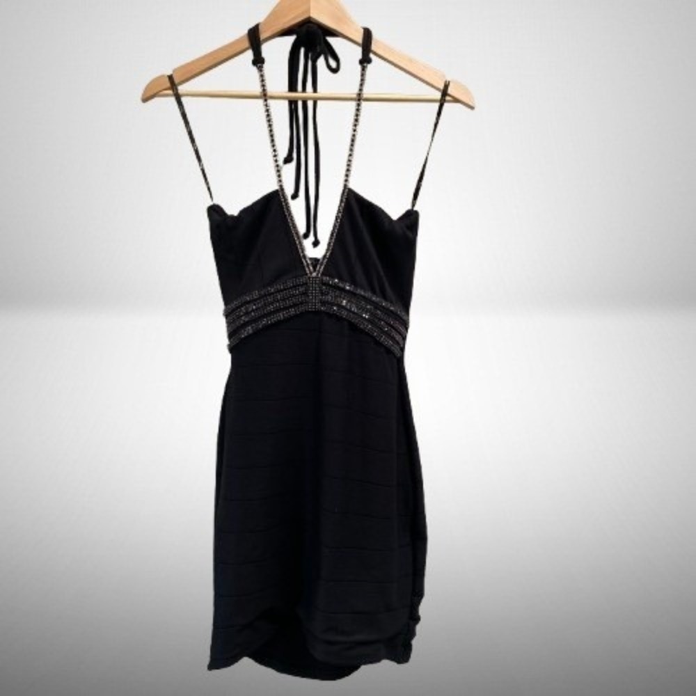 NEW‎ Sky Women's Bodycon Mini Dress Embellished Black Halter Small